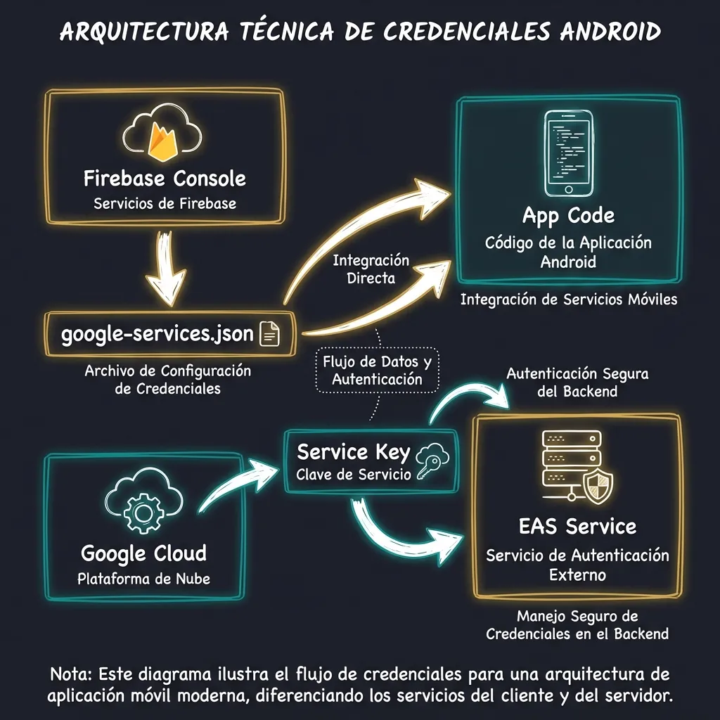 Diagrama de flujo de credenciales Android (Firebase -> App / Cloud -> EAS)